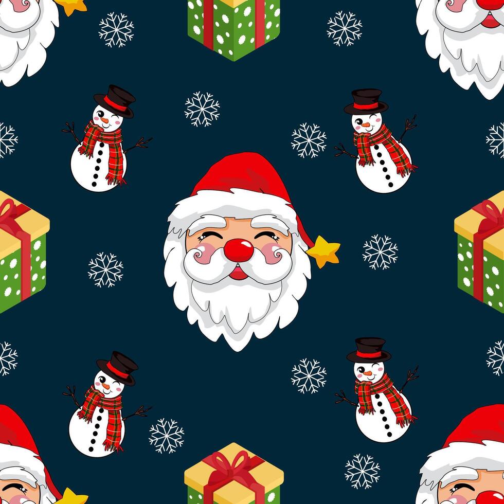Seamless Christmas pattern with Santa Claus, snowman and gift boxes. illustration. for Merry Christmas and Happy New Year greeting card. vector