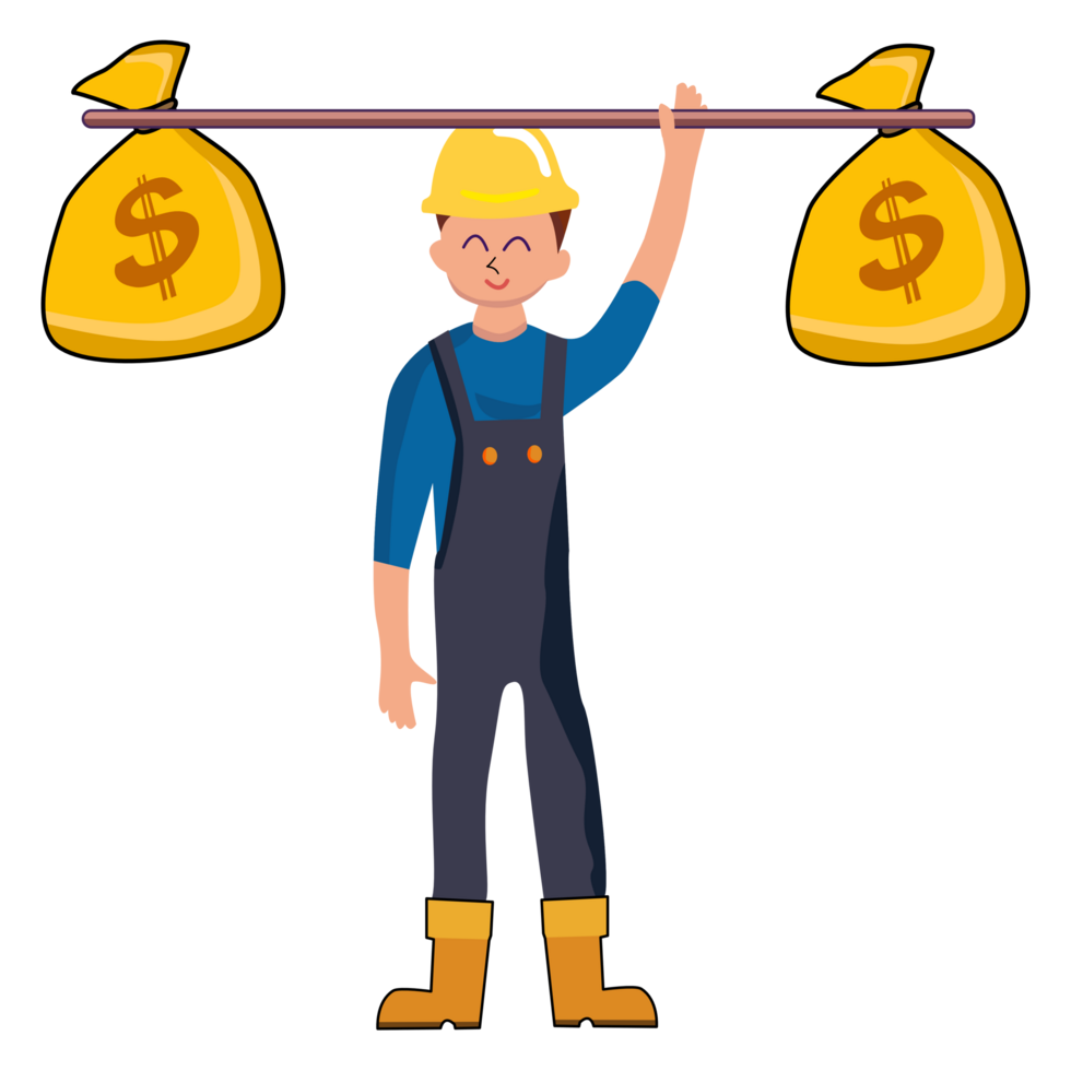 Construction site engineer holding of dollars in both. happy smile. png