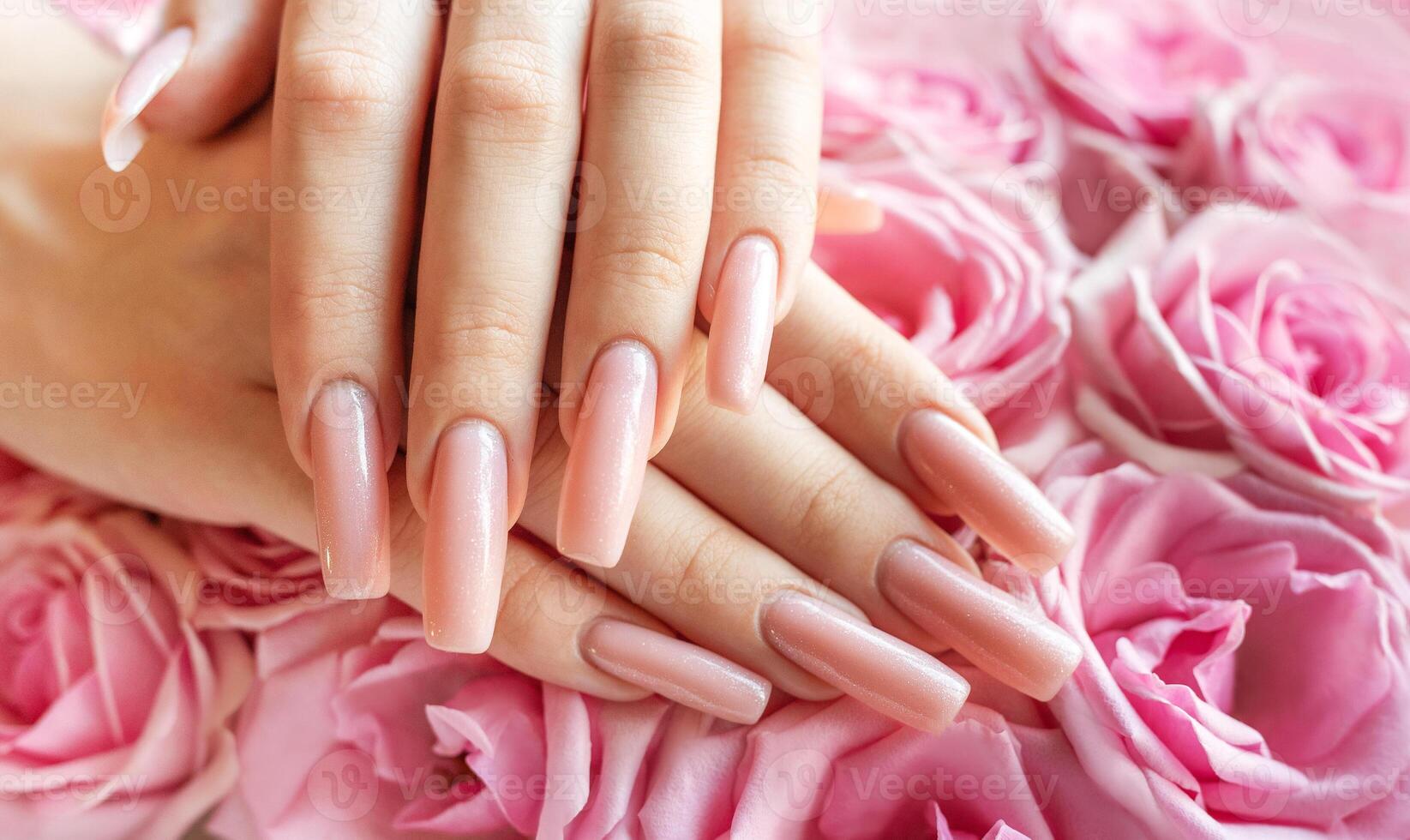 Elegant hands with long, polished nails surrounded by fresh pink roses in a soft, romantic setting photo