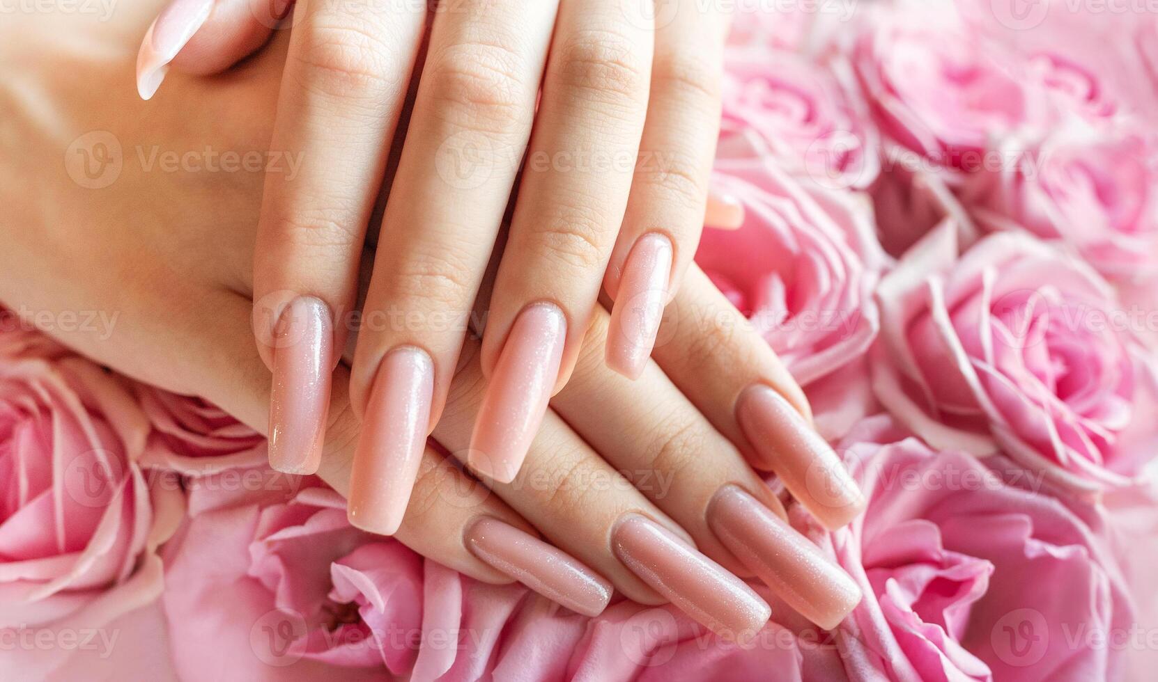 Elegant hands with long, polished nails surrounded by fresh pink roses in a soft, romantic setting photo