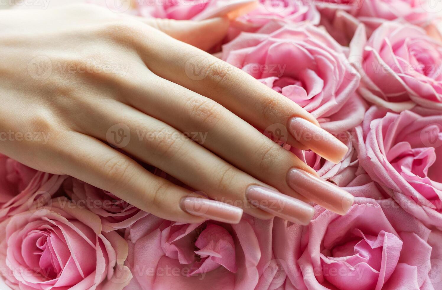 A delicate hand with polished nails resting gently on vibrant pink roses photo
