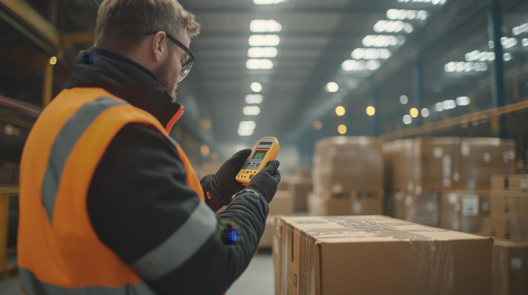 Warehouse worker uses scanner to manage inventory, ensuring accurate stock tracking in a busy logistics environment. photo