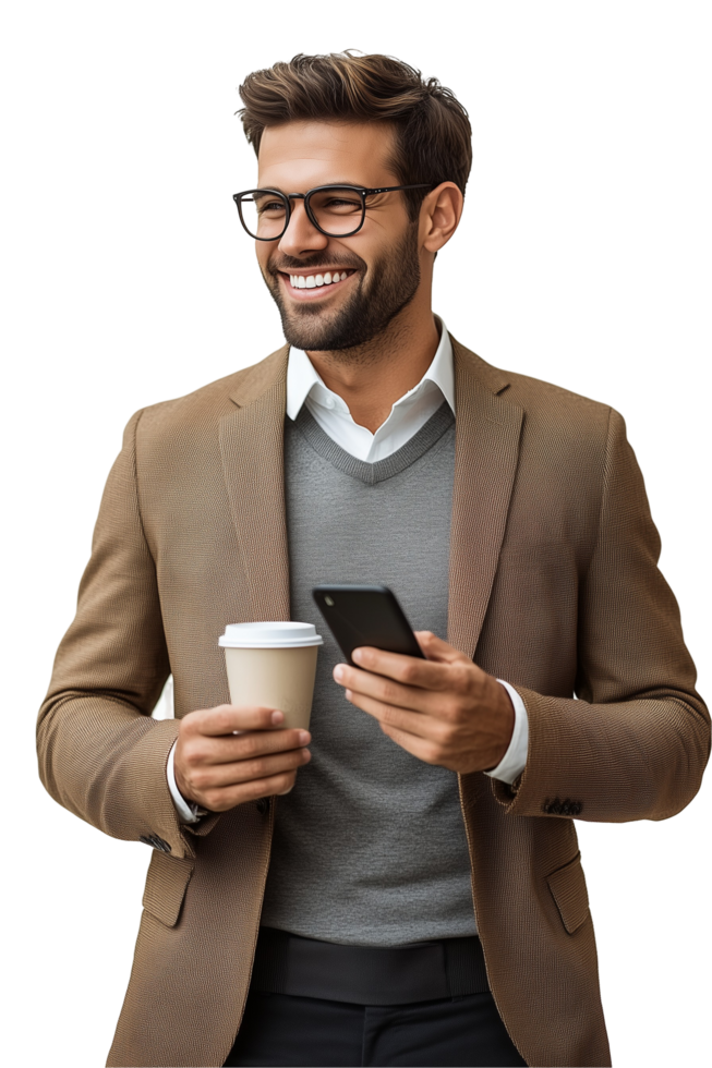 man in suit holding coffee and smart phone png