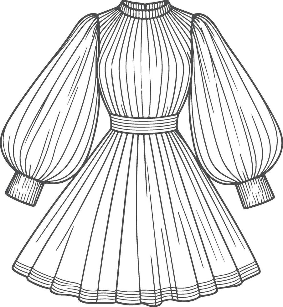 Boho Style Puff Sleeve Dress Line Art vector