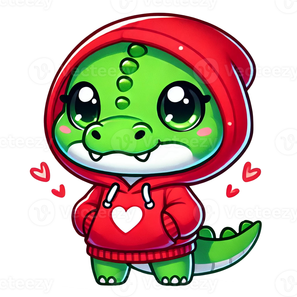 Cute green dinosaur character in a red hoodie with hearts. Valentine animal cartoon png