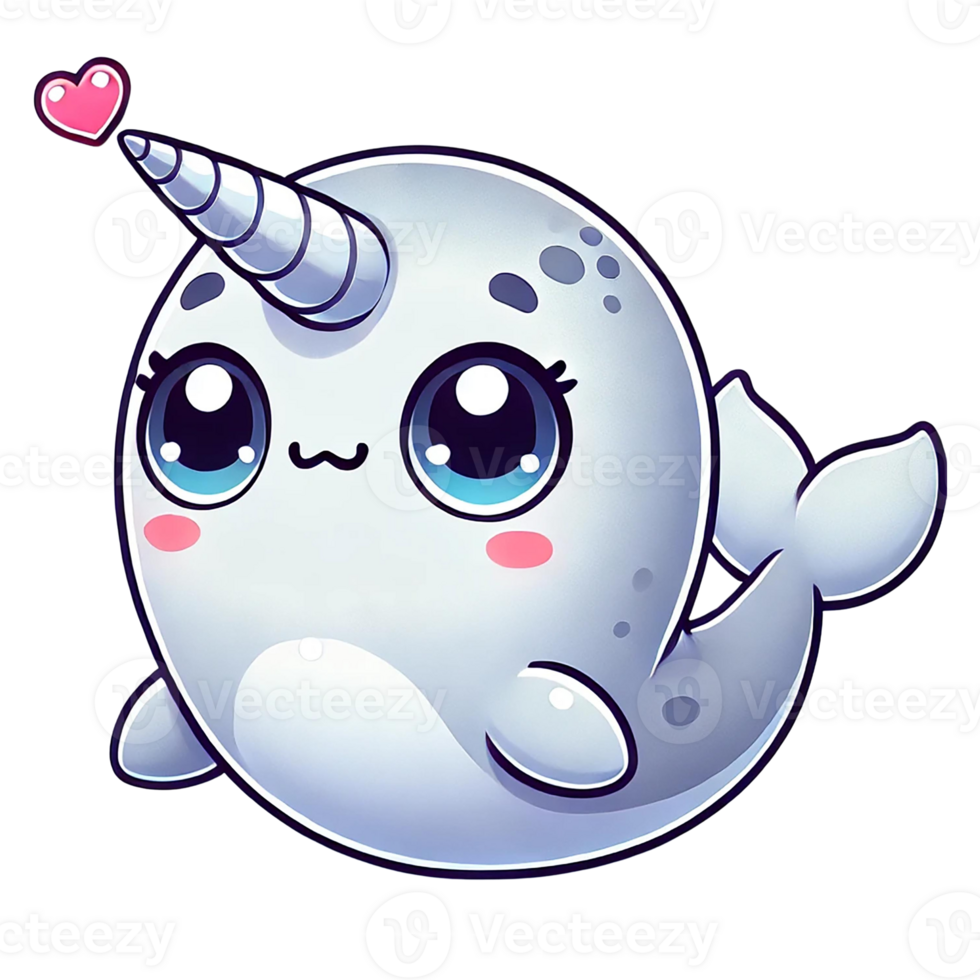 Cute cartoon narwhal with a heart and big expressive eyes. Valentine's day theme png