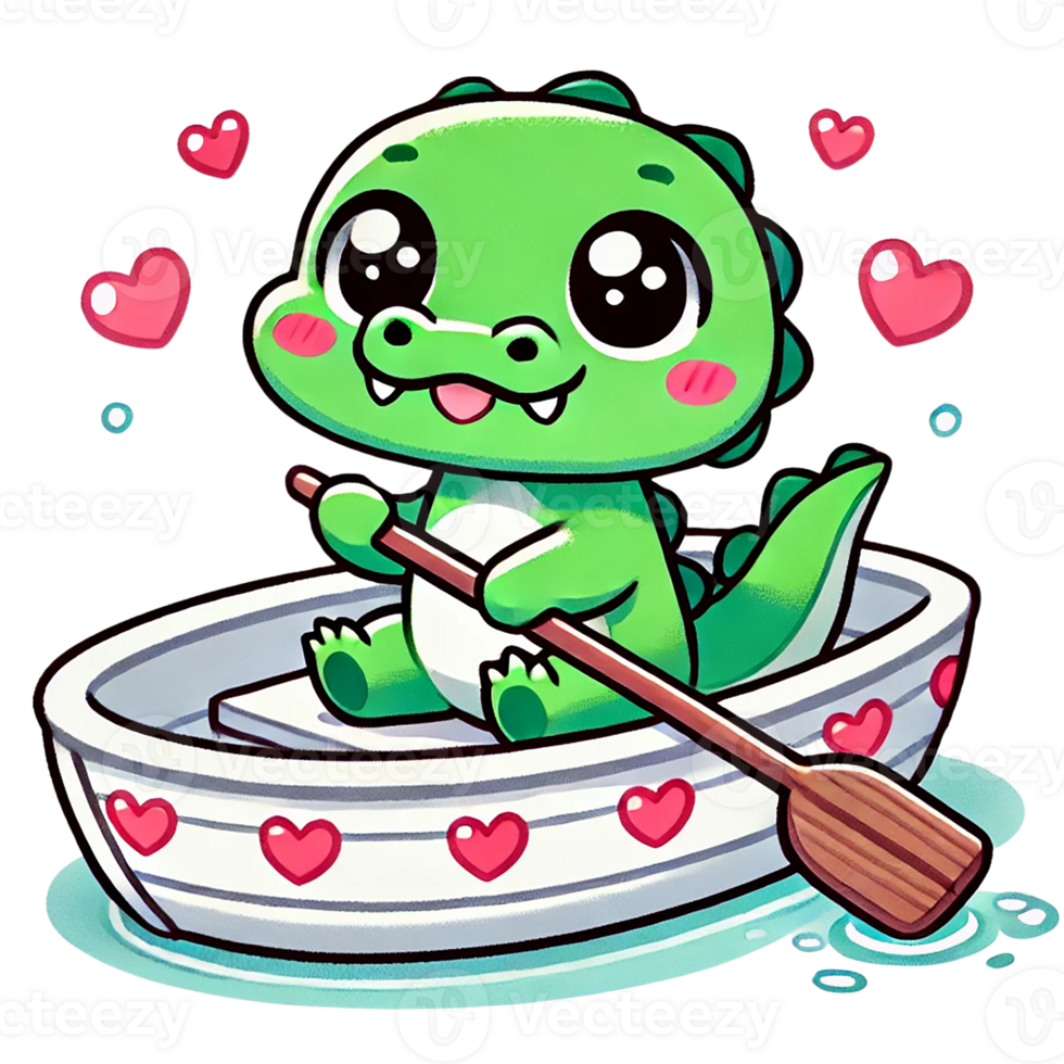 Adorable cartoon dinosaur rowing a heart-themed boat. Valentine animal cartoon png
