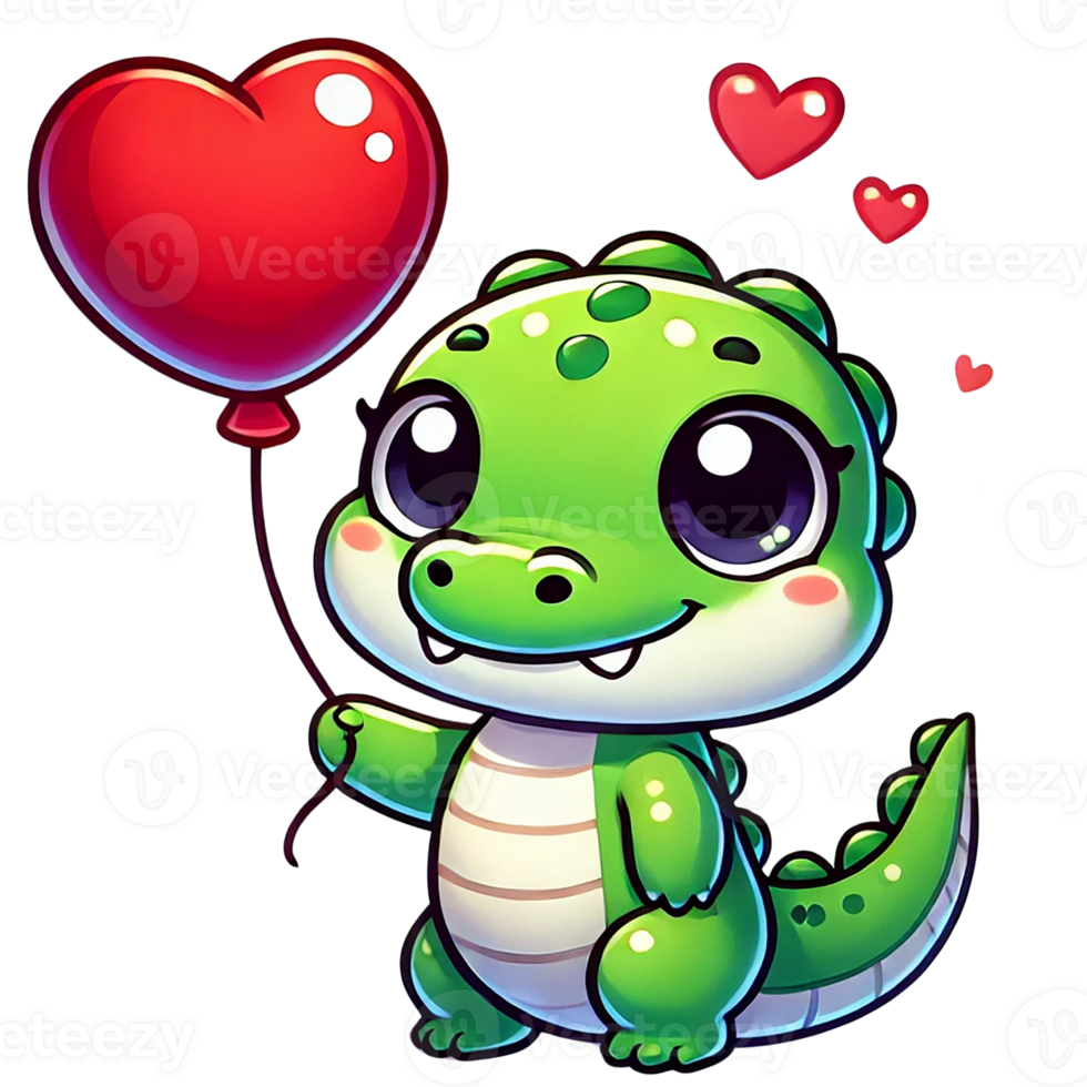 Cute dinosaur character holding a heart balloon happily. Valentine animal cartoon png