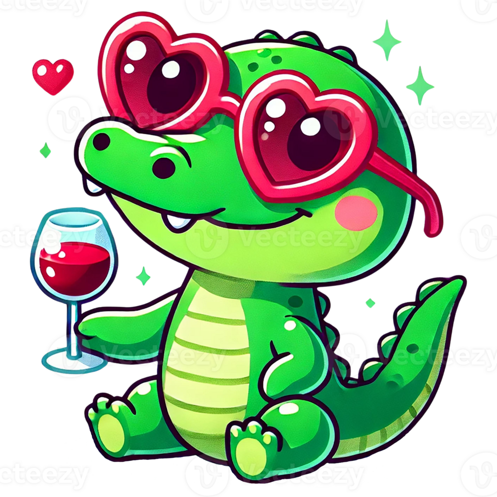 Cute cartoon crocodile with heart glasses enjoying a drink. Valentine animal cartoon png