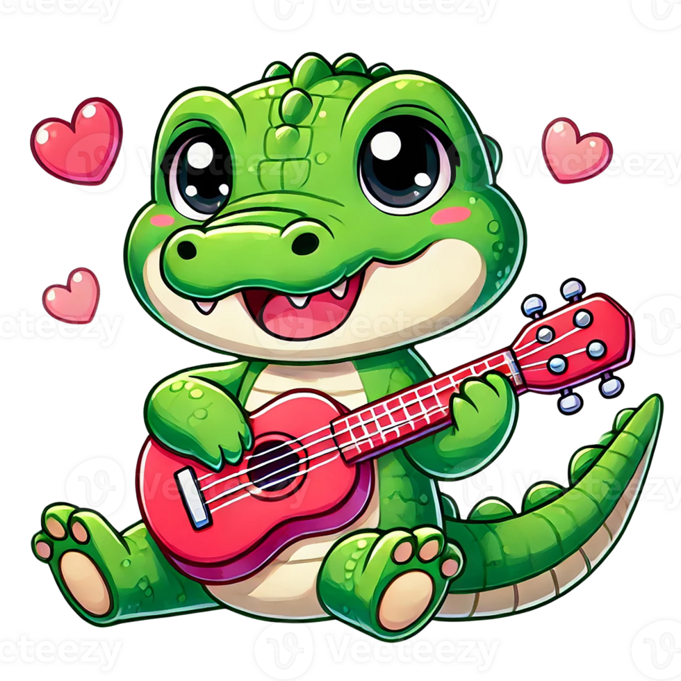 A cute cartoon crocodile plays a ukulele with hearts around. Valentine animal cartoon png