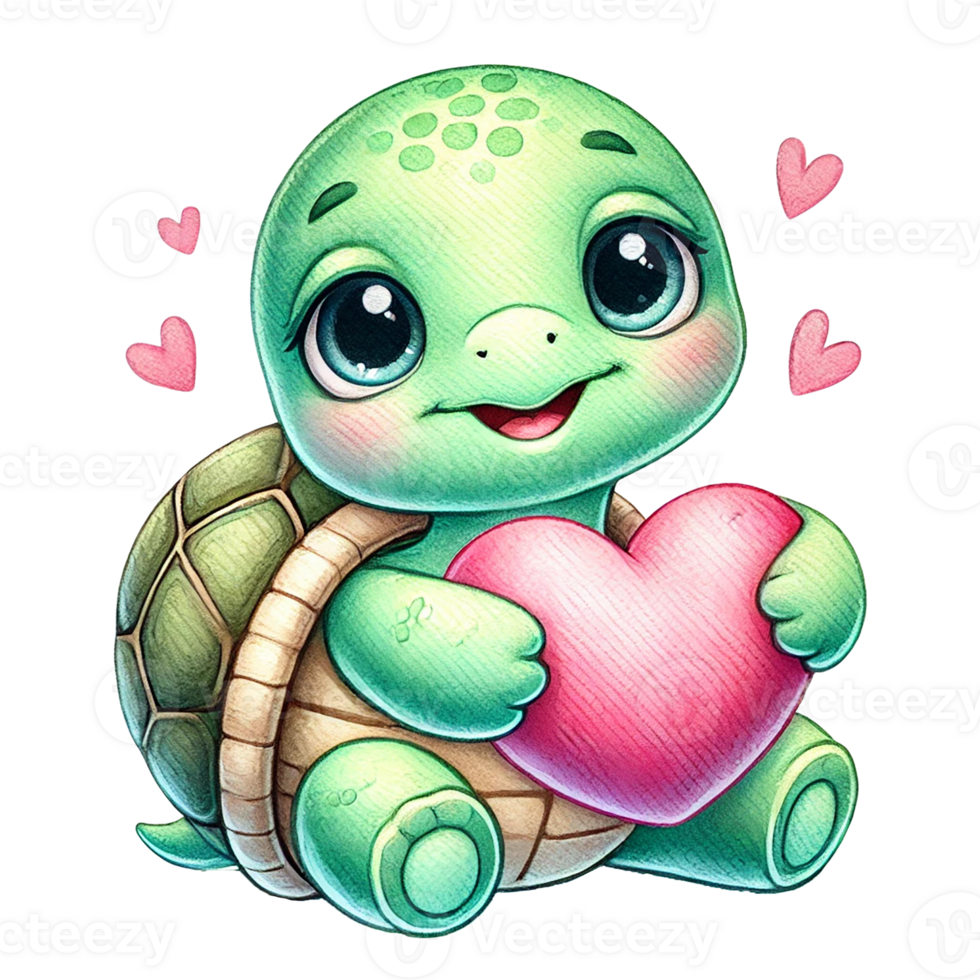 Cute cartoon turtle holding a heart with a joyful expression. Valentine animal cartoon. png