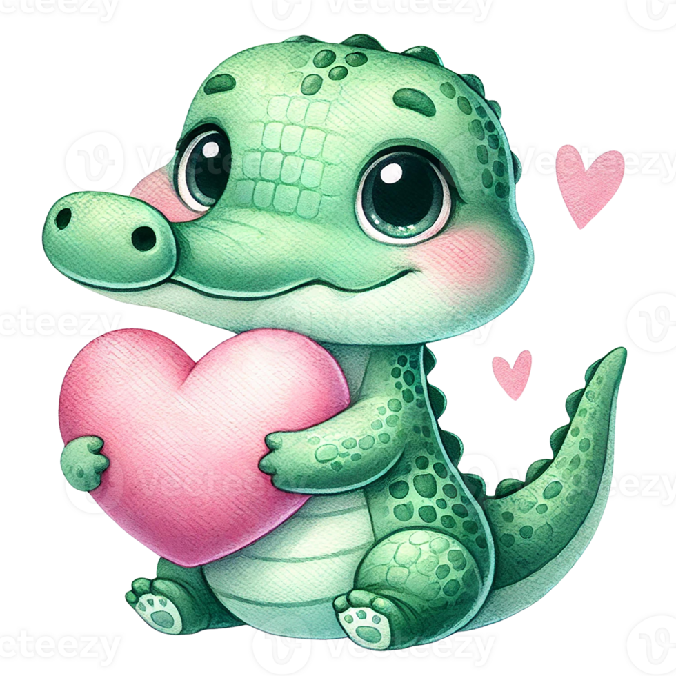 Cute cartoon crocodile holding a pink heart with joyful expression. Valentine animal cartoon. png