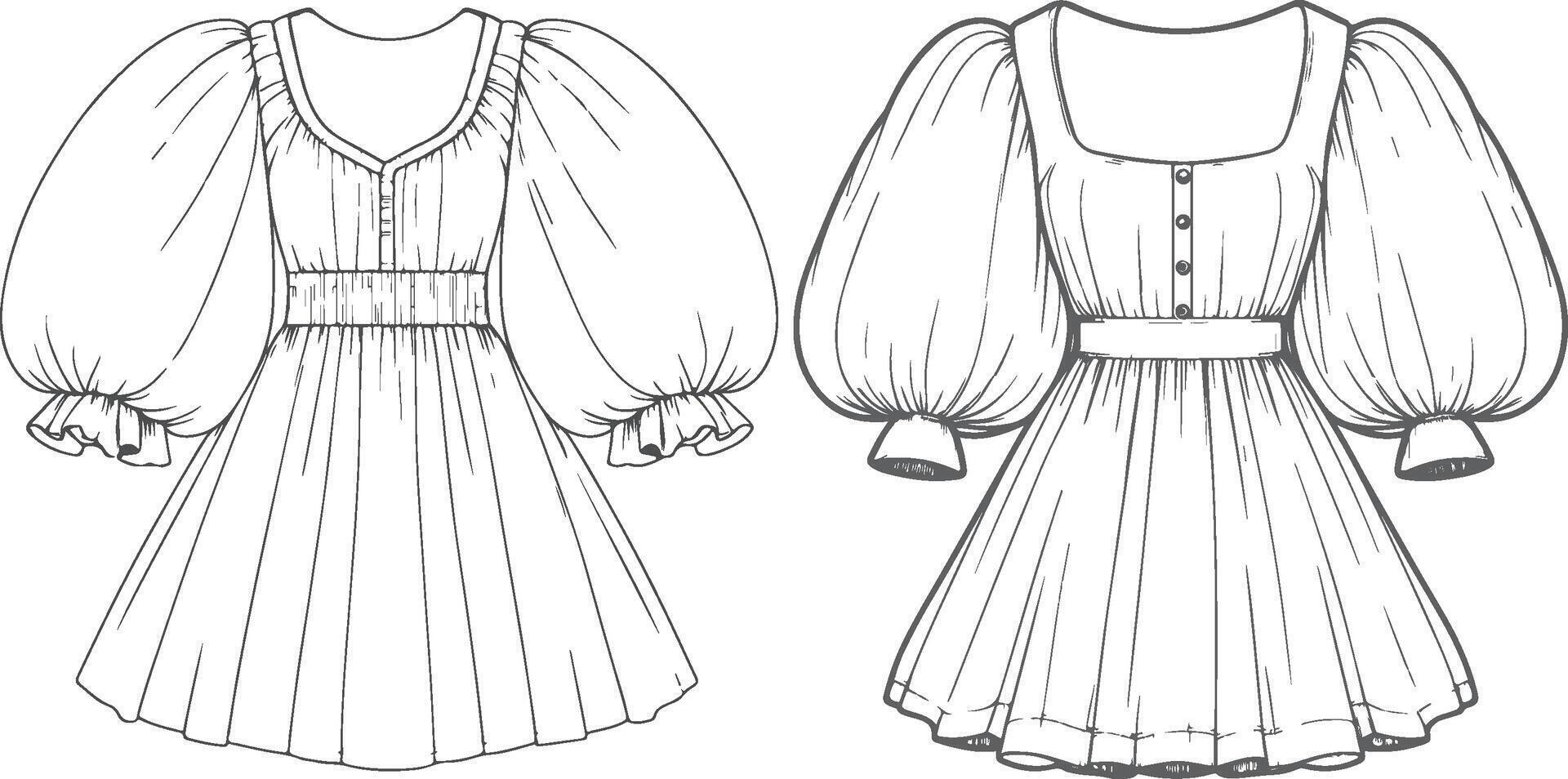 High-Neck Puff Sleeve Gown Line Art vector