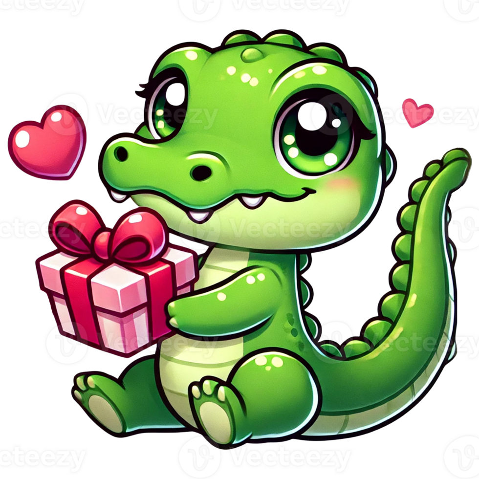 Cute cartoon crocodile holding a gift with hearts around it. Valentine animal cartoon png