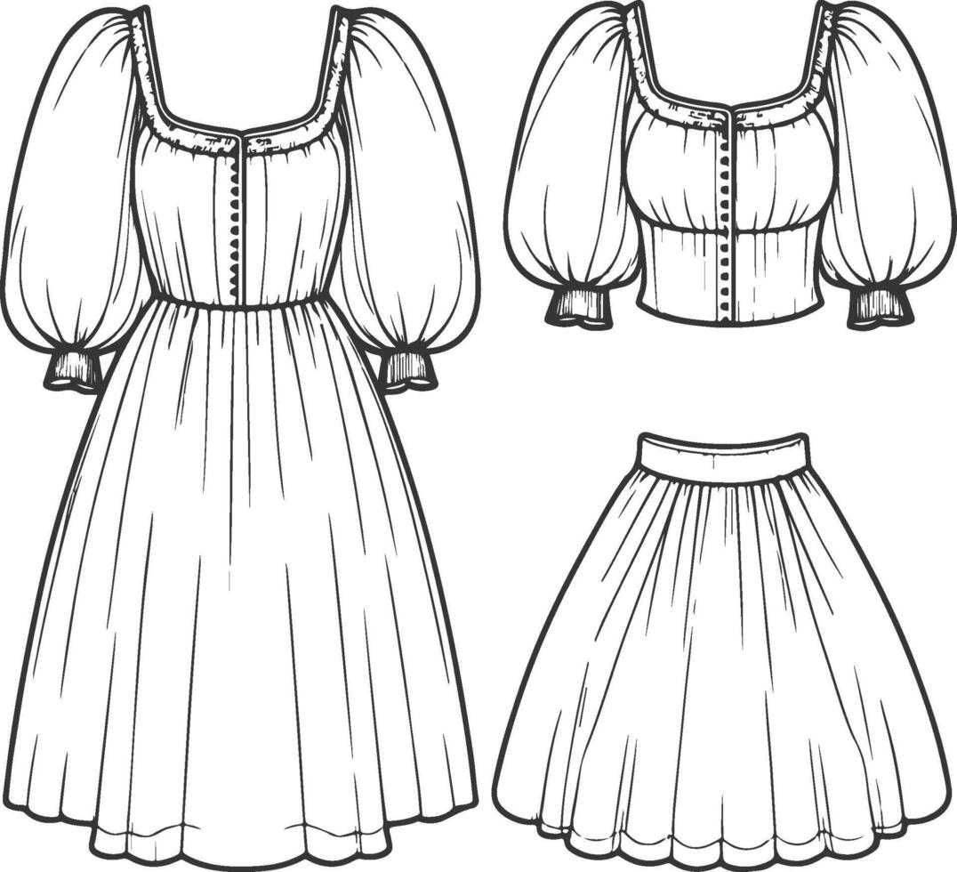 Square Neck Puff Sleeve Dress Outline vector