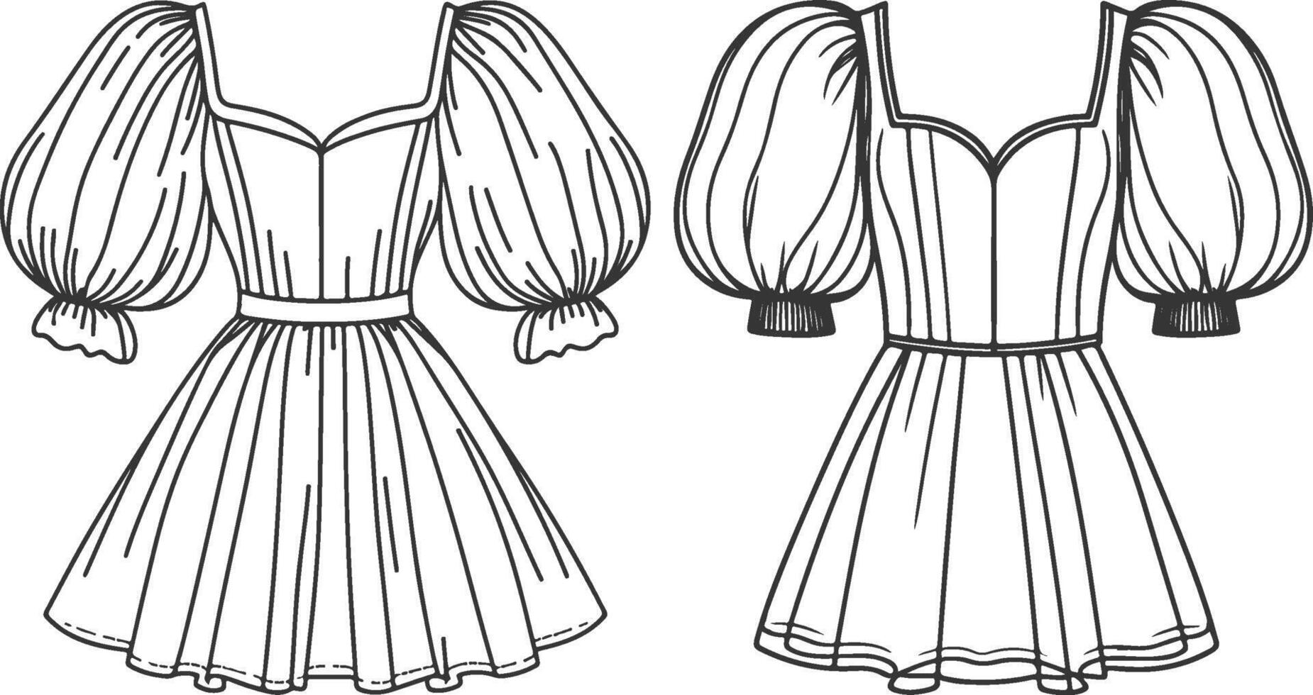 Tiered Skirt Puff Sleeve Dress Outline vector