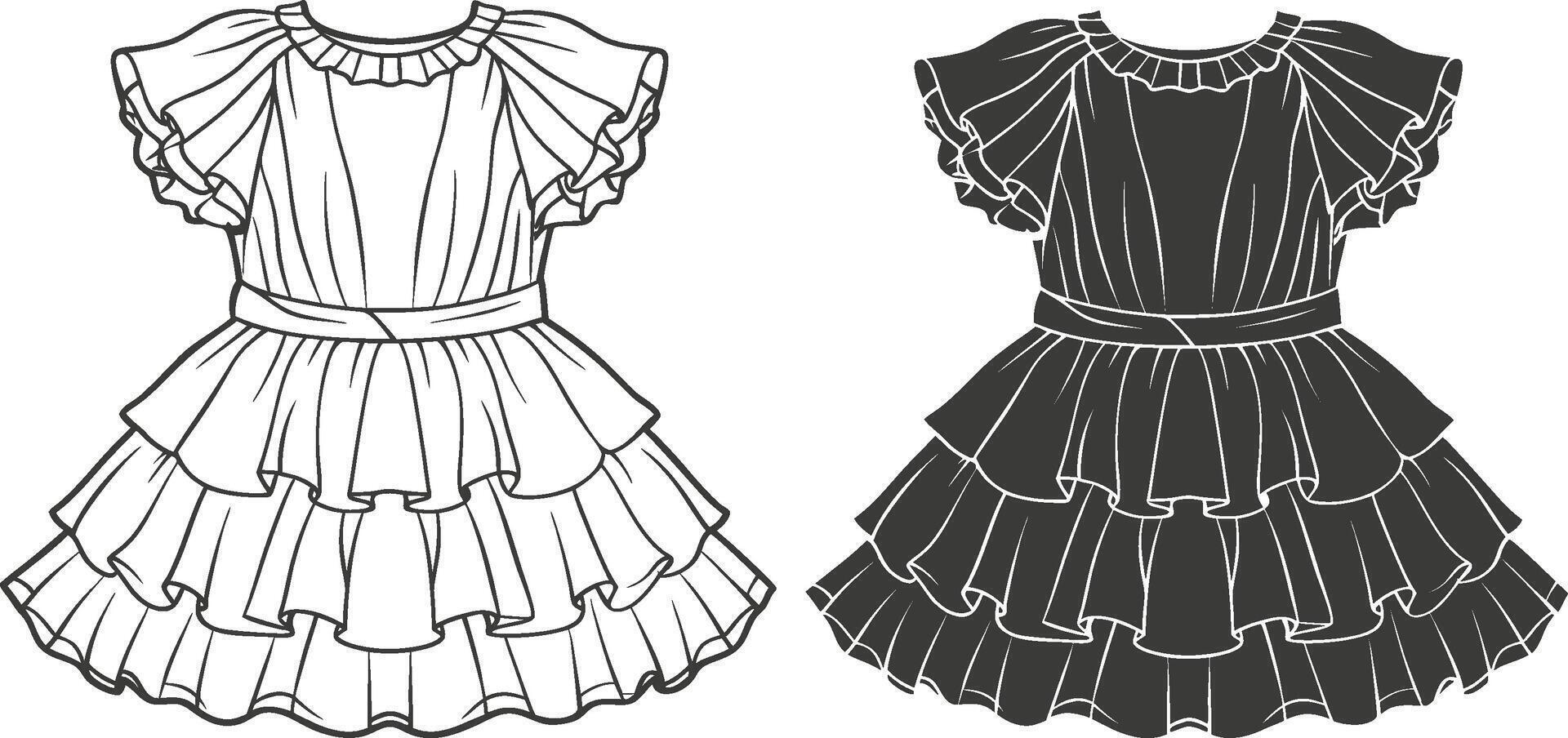 Maxi Tiered Ruffle Hem Dress Line Art vector