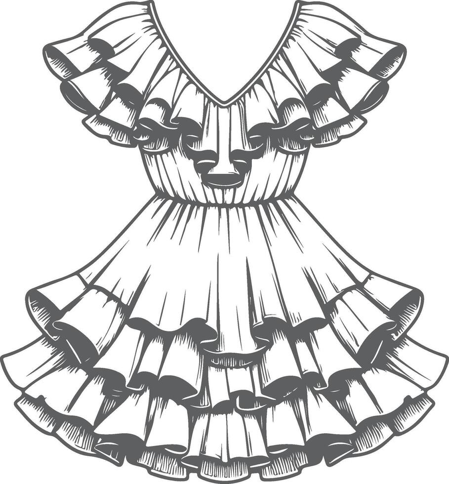 Romantic Ruffle Hem Gown Line Art vector