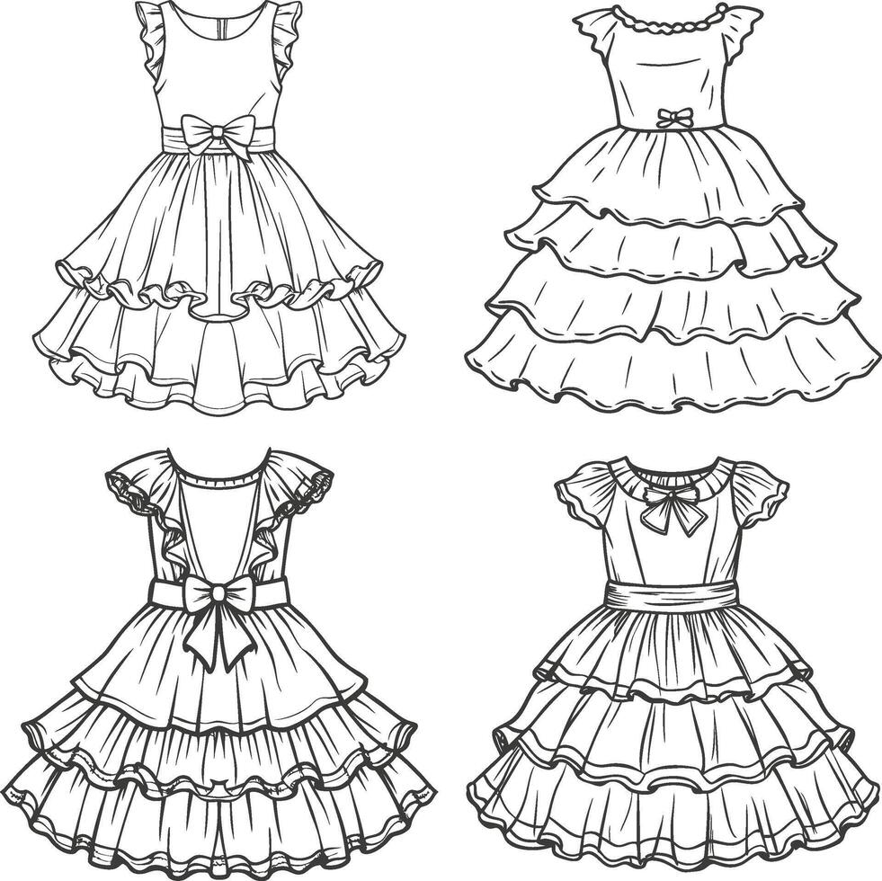 Asymmetrical Ruffle Hem Dress Sketch vector