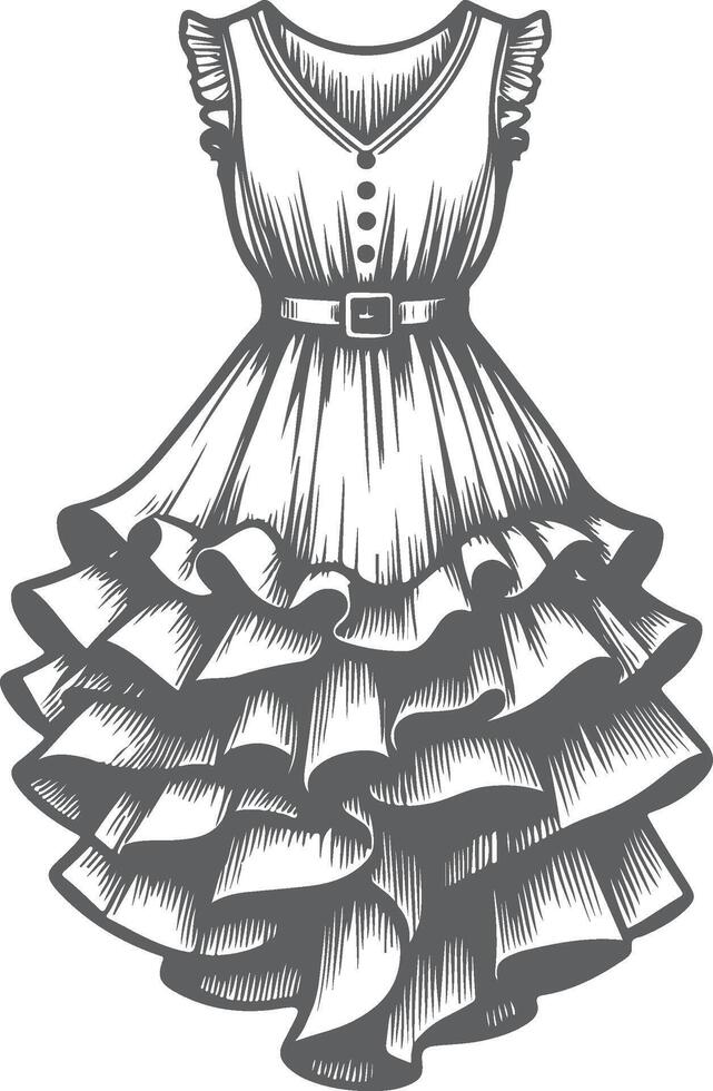 Lace Trim Ruffle Hem Dress Sketch vector