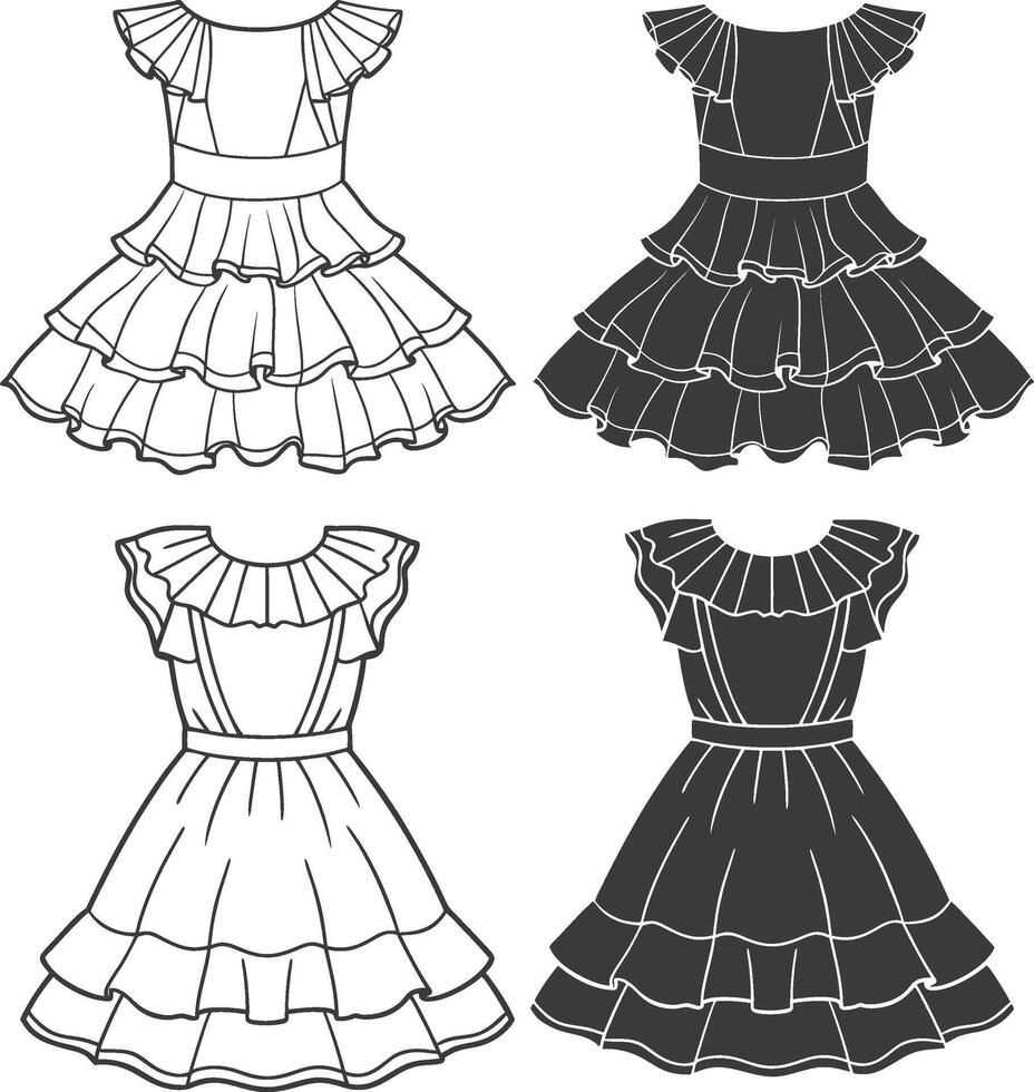 Ball Gown Ruffle Hem Dress Sketch Design vector