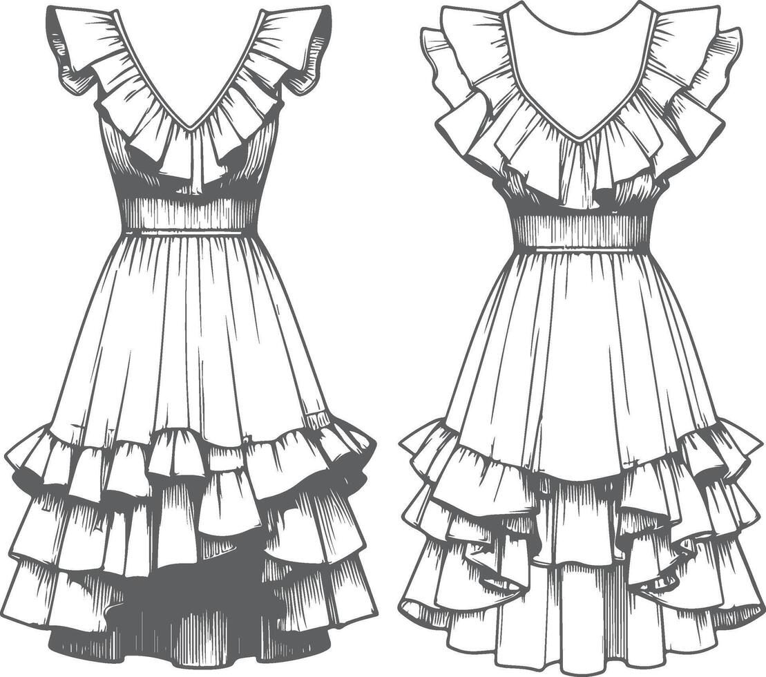 Maxi Ruffle Hem Gown Line Art Design vector