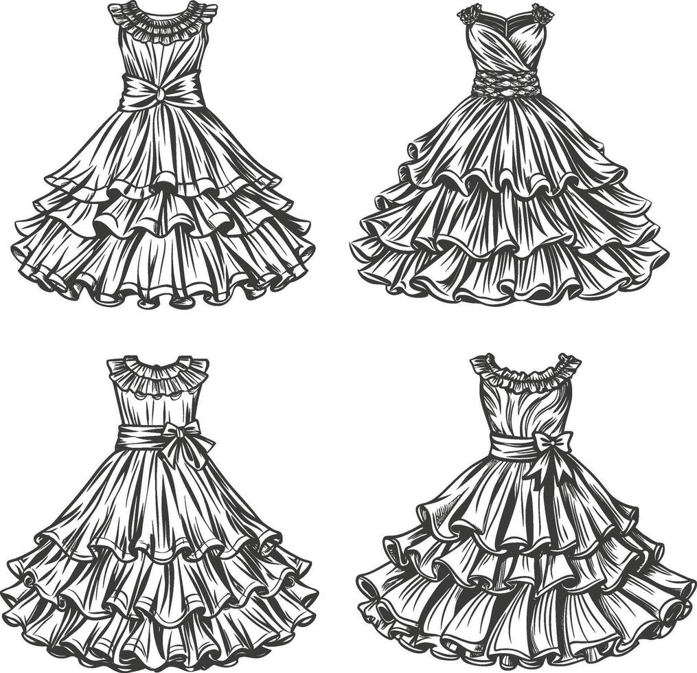 High-Low Ruffle Hem Dress Outline vector