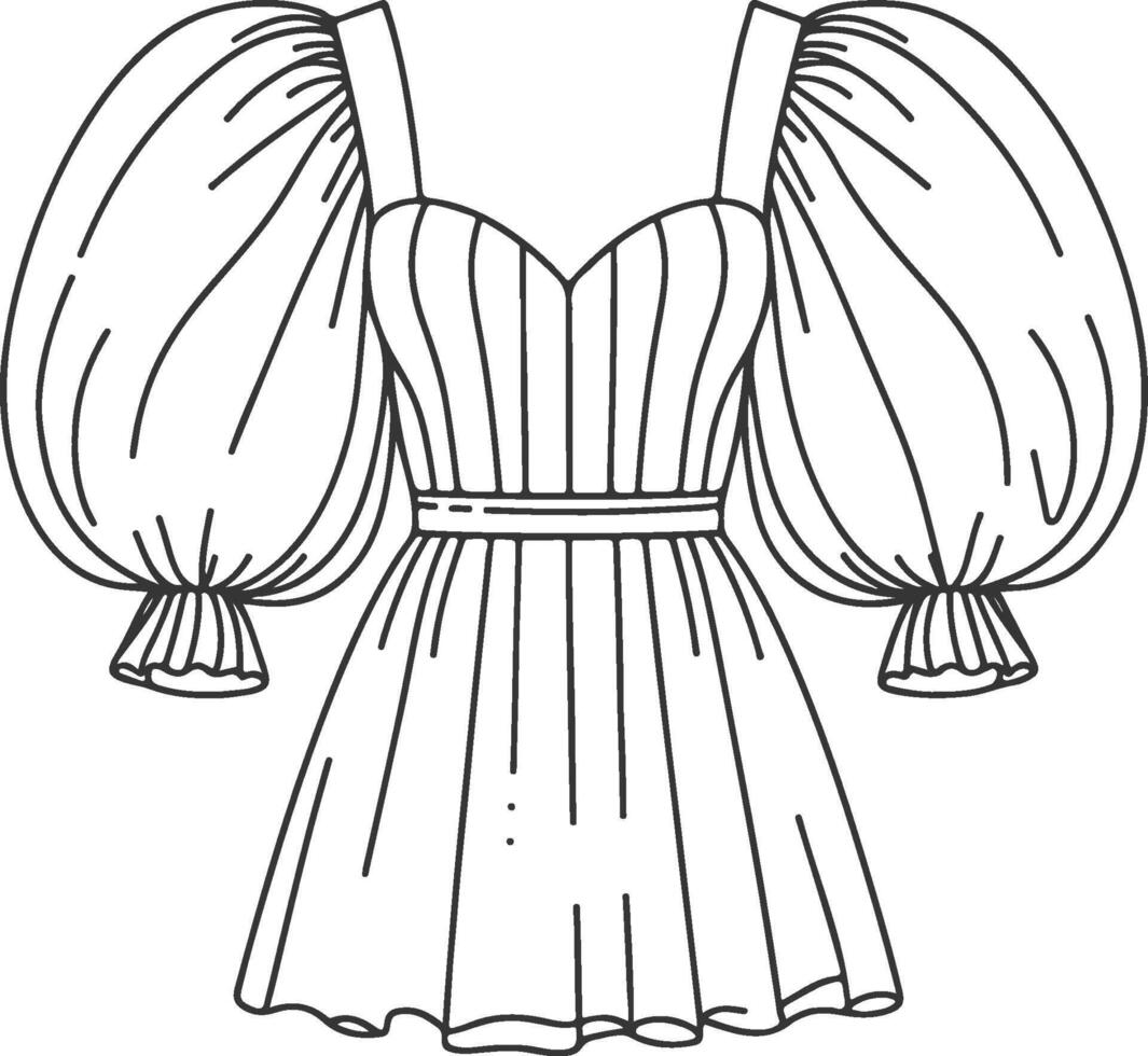 Pleated Puff Sleeve Dress Outline vector
