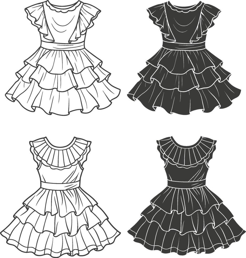 Structured Ruffle Hem Dress Sketch vector