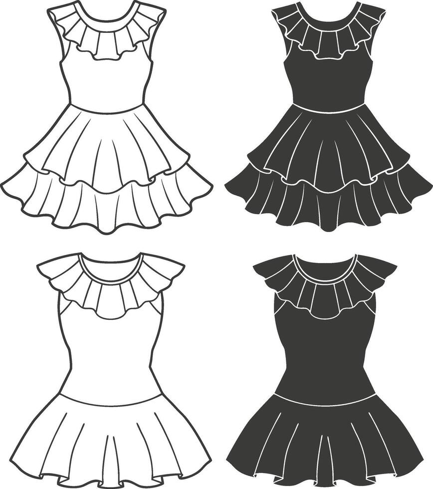 Boho Style Ruffle Hem Dress Line Art vector