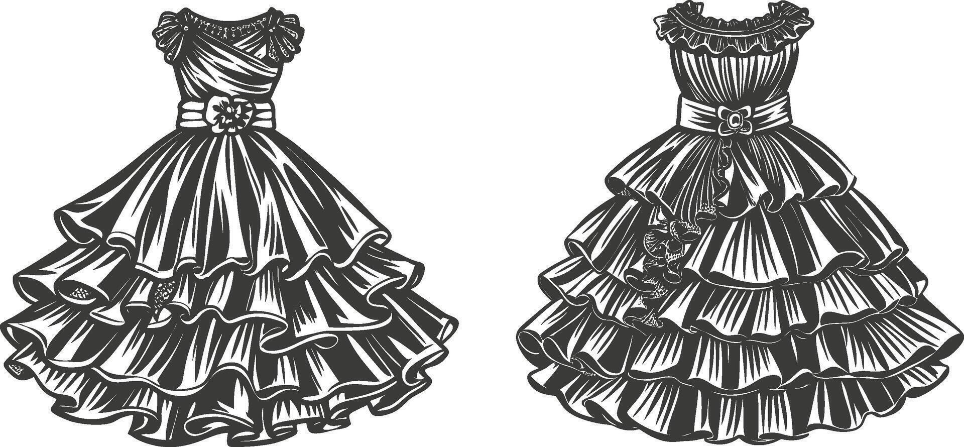 Elegant Tiered Ruffle Hem Dress Sketch vector