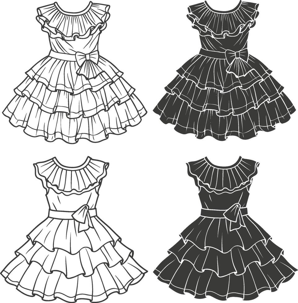 Flared Sleeve Ruffle Hem Dress Line Art vector