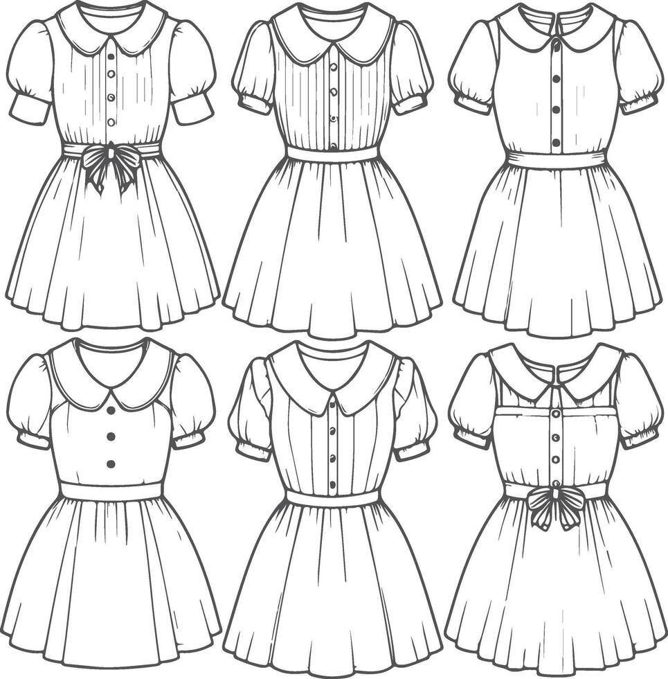 Set Simple A-Line Peter Pan Collar Dress vector