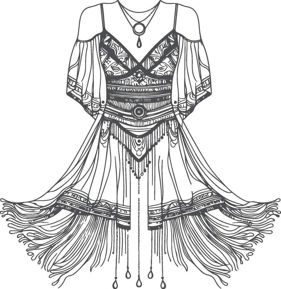Boho Bell Sleeve Dress Line Art vector