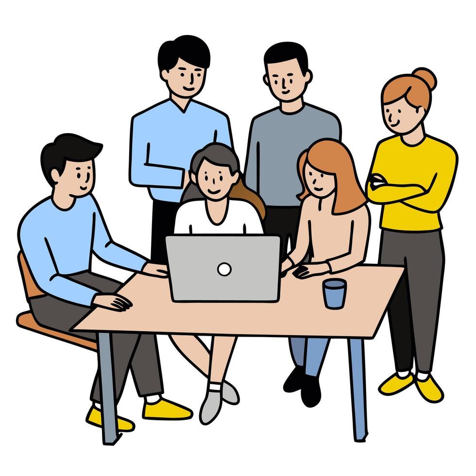 2D minimalize as Team collaborating in a modern office space concept as A illustration of a team collaborating in a modern office space using digital tools and techno vector