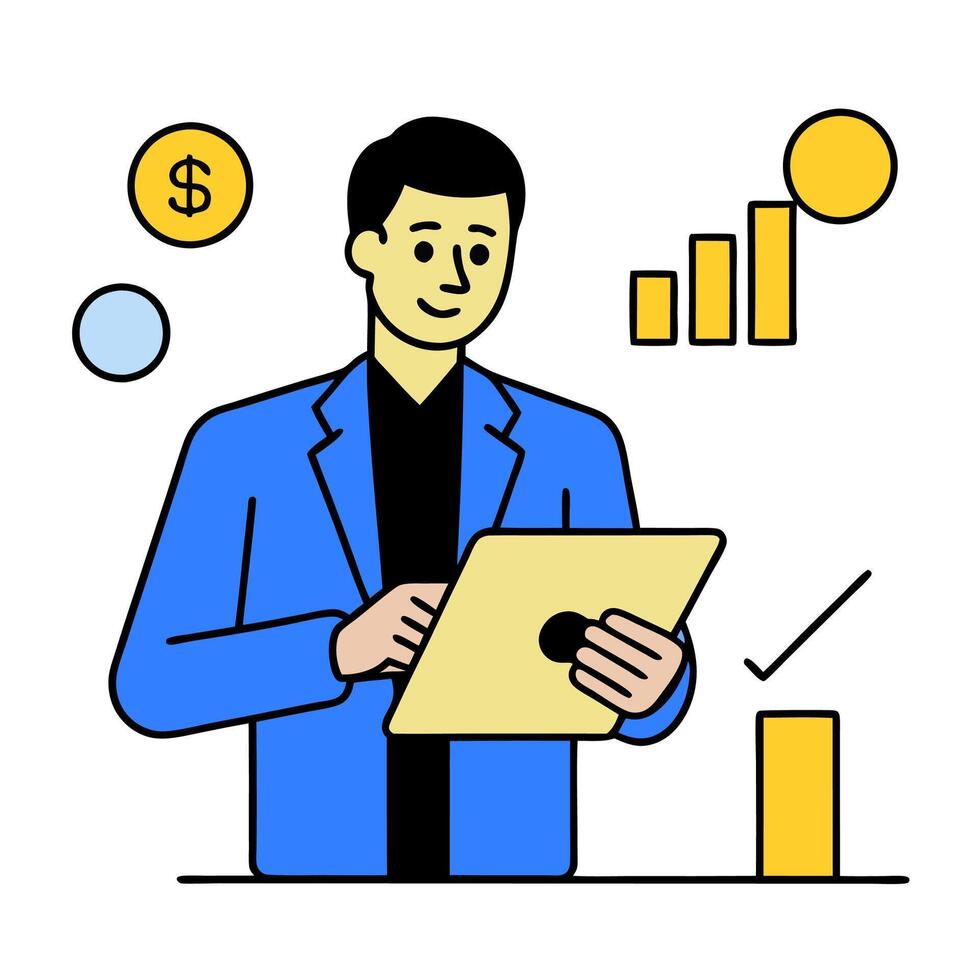 2D minimalize as Financial planner using digital tools for budgeting concept as A illustration of a financial planner using digital tools on a tablet for budgeting an vector