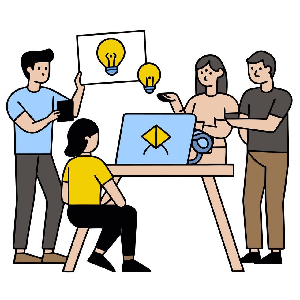 2D minimalize as Design team collaborating on a new product concept as A illustration of a design team collaborating on a new product using digital tools and creative vector