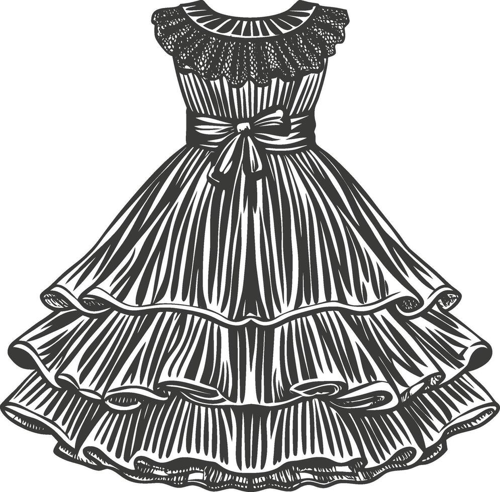 Detailed Stitch Ruffle Hem Gown Sketch vector