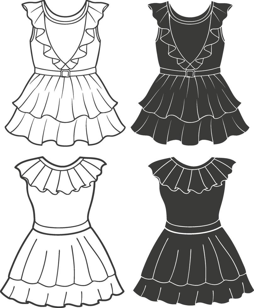 Retro Style Ruffle Hem Gown Line Art vector