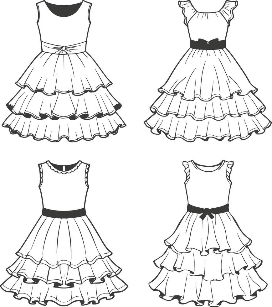 Frill Accent Ruffle Hem Gown Line Art vector