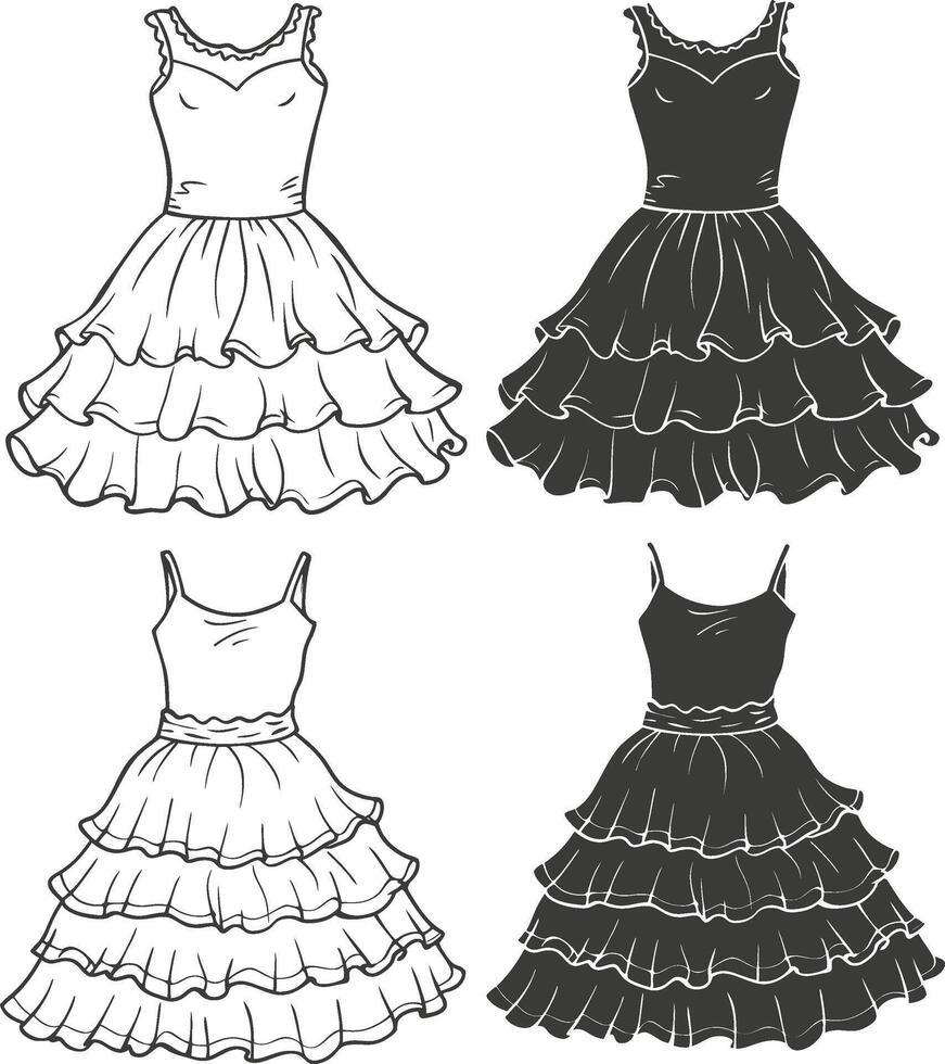 Frilled Layer Ruffle Hem Dress Outline vector