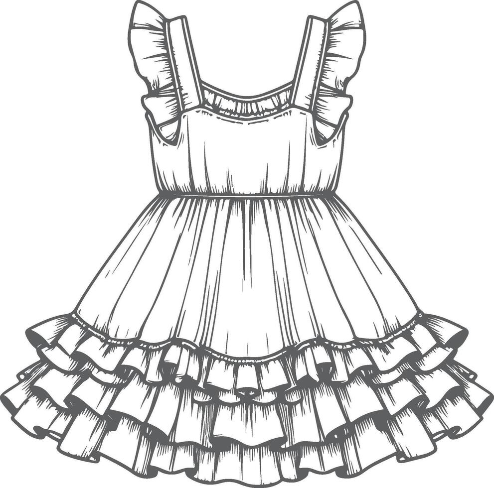 Elegant Satin Ruffle Hem Dress Sketch vector