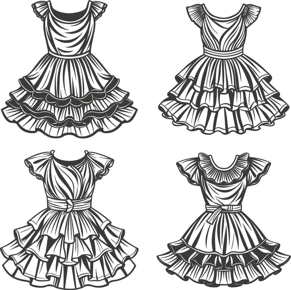 Classic Tailored Ruffle Hem Dress Outline vector