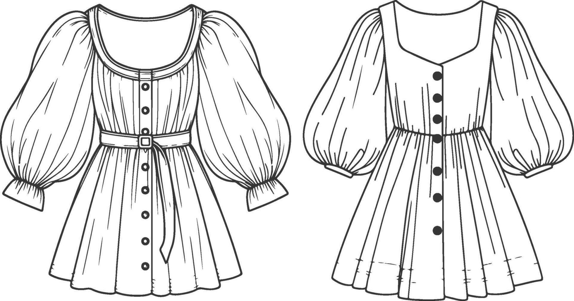 Delicate Puff Sleeve Gown Line Art vector