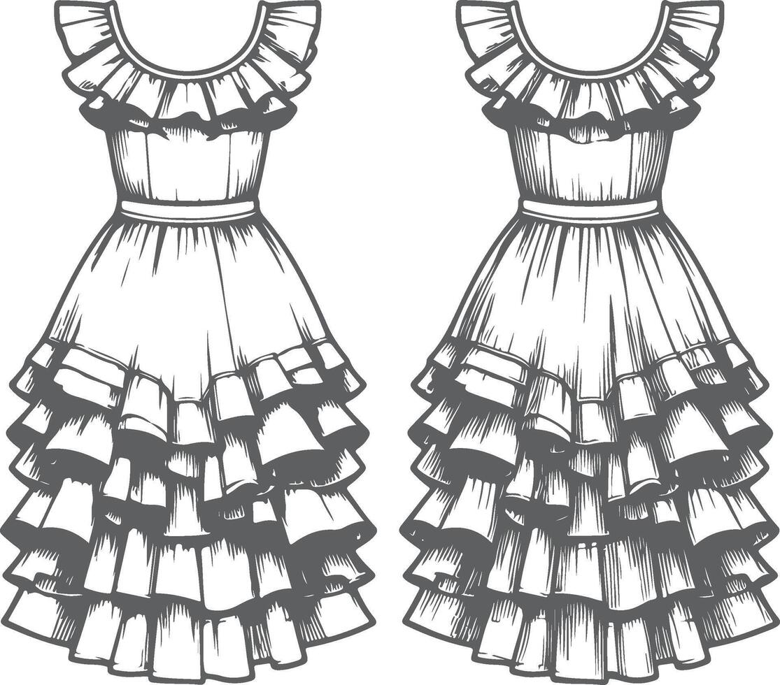 Mermaid Style Ruffle Hem Gown Sketch vector
