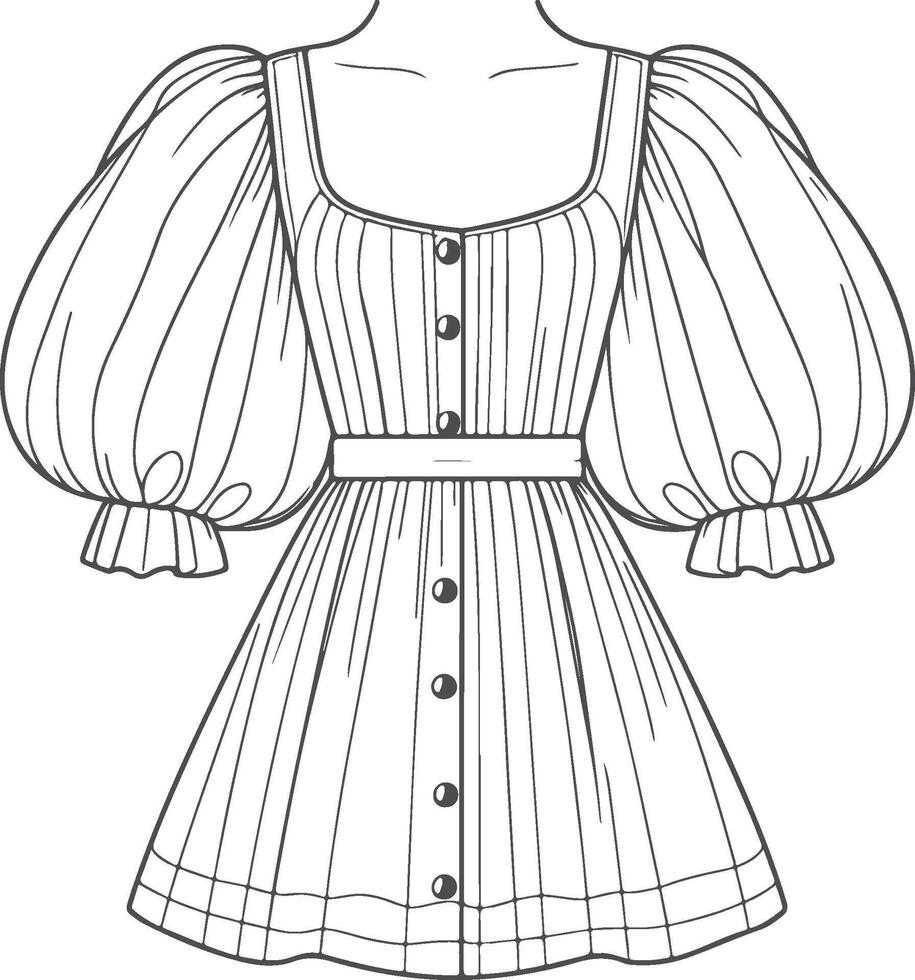Flared Puff Sleeve Gown Sketch vector