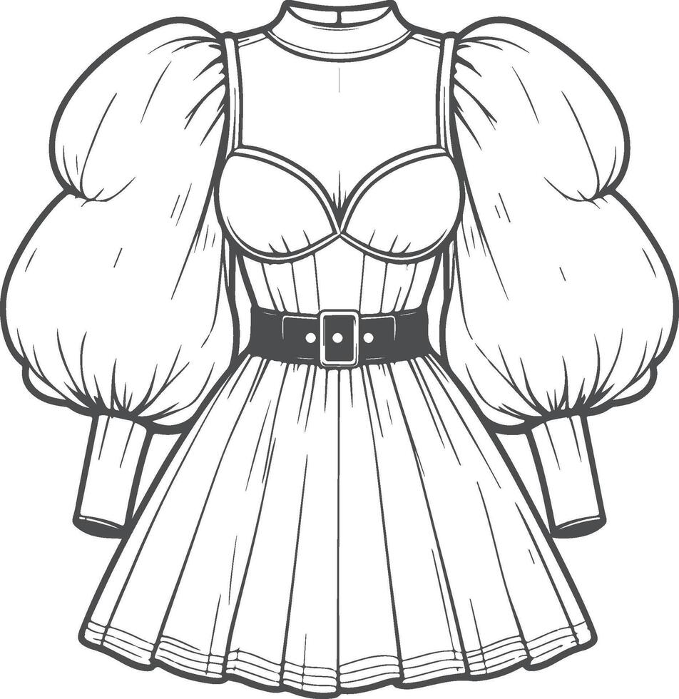 Lace Trim Puff Sleeve Dress Line Art vector