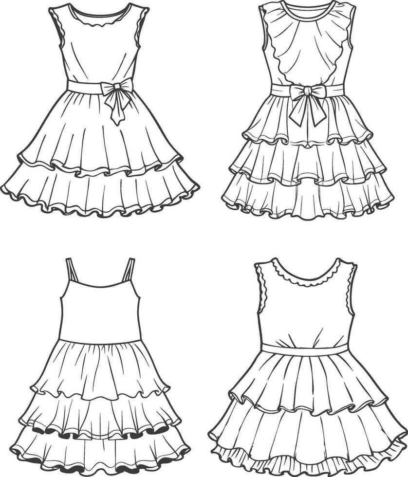 Boho Print Ruffle Hem Gown Line Art vector