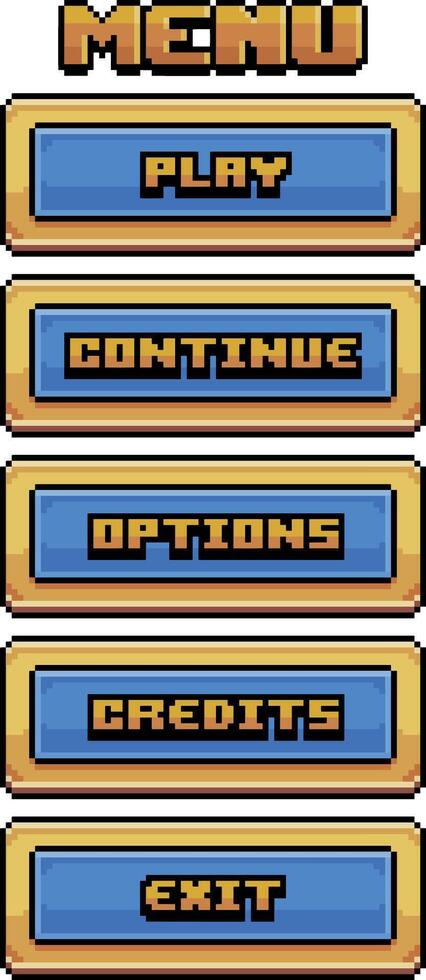 Game menu in pixel art and 8-bit style with blue and yellow buttons with options such as Play, Continue, Options, Credits and Exit vector