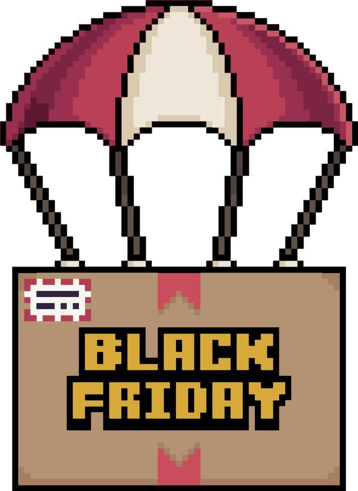 Pixel art of black friday package with parachute in 8 bit style on white background vector